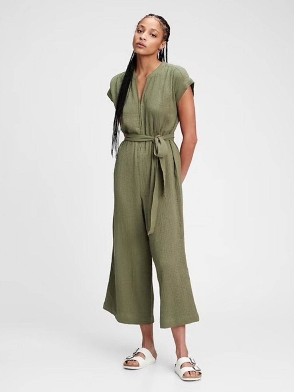 Olive Green Short-Sleeve Tie-Waist Cotton Gauze Jumpsuit 6 Tall
